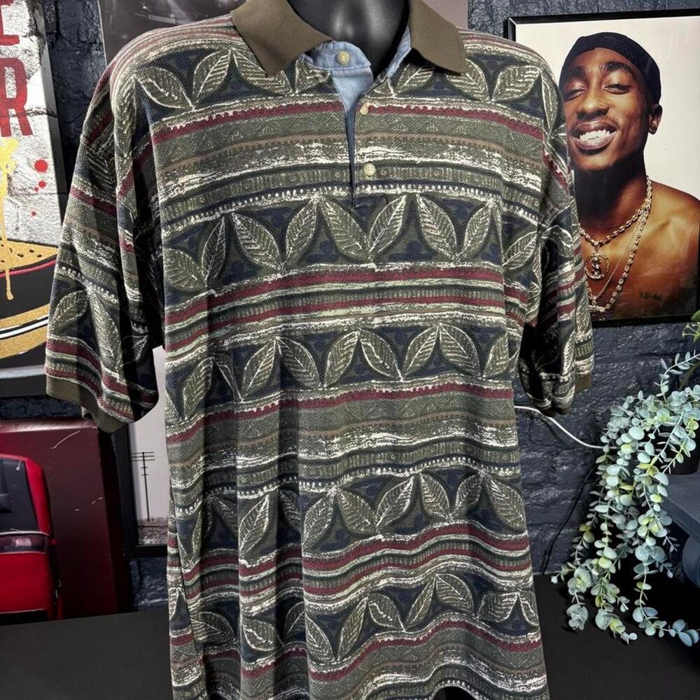 Vintage Bugle Boy Company XL Leaf Pattern Polo Shirt